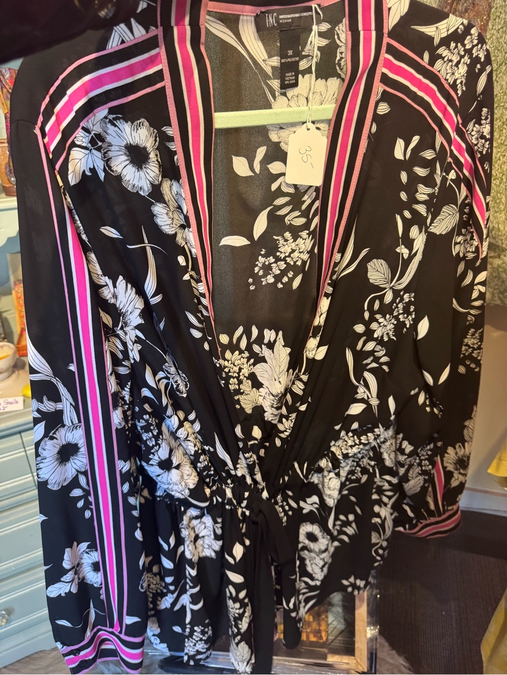 INC International Concepts Black Floral Wrap Tunic with Pink Stripe Trim
